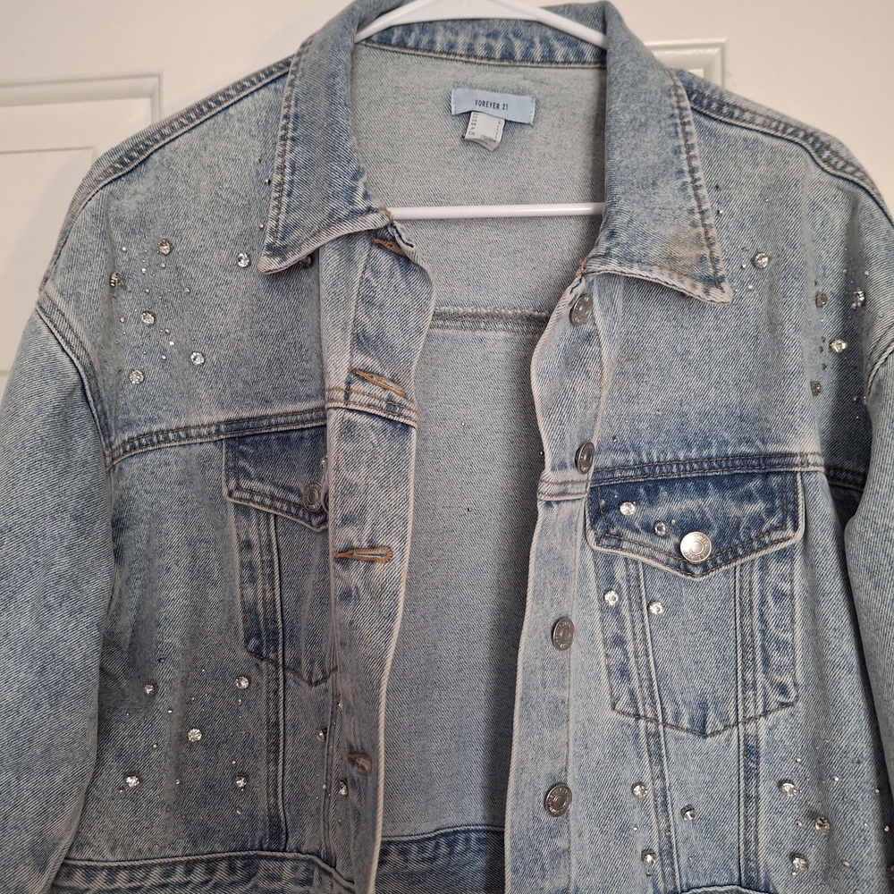 Women's Light Blue Denim Jacket with Rhinestone Accents